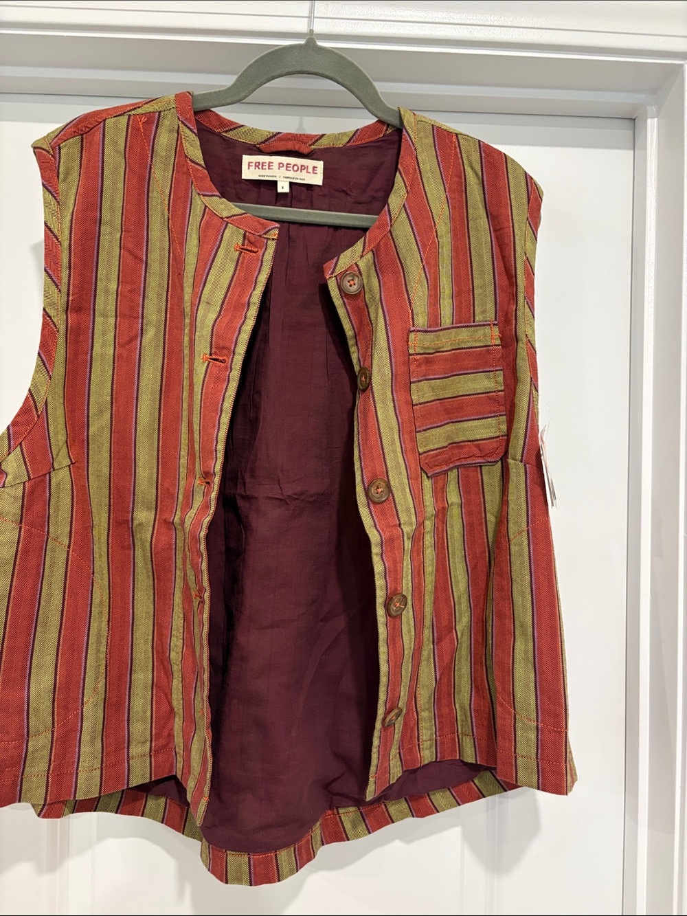 Free People Striped Button Vest in Red and Olive